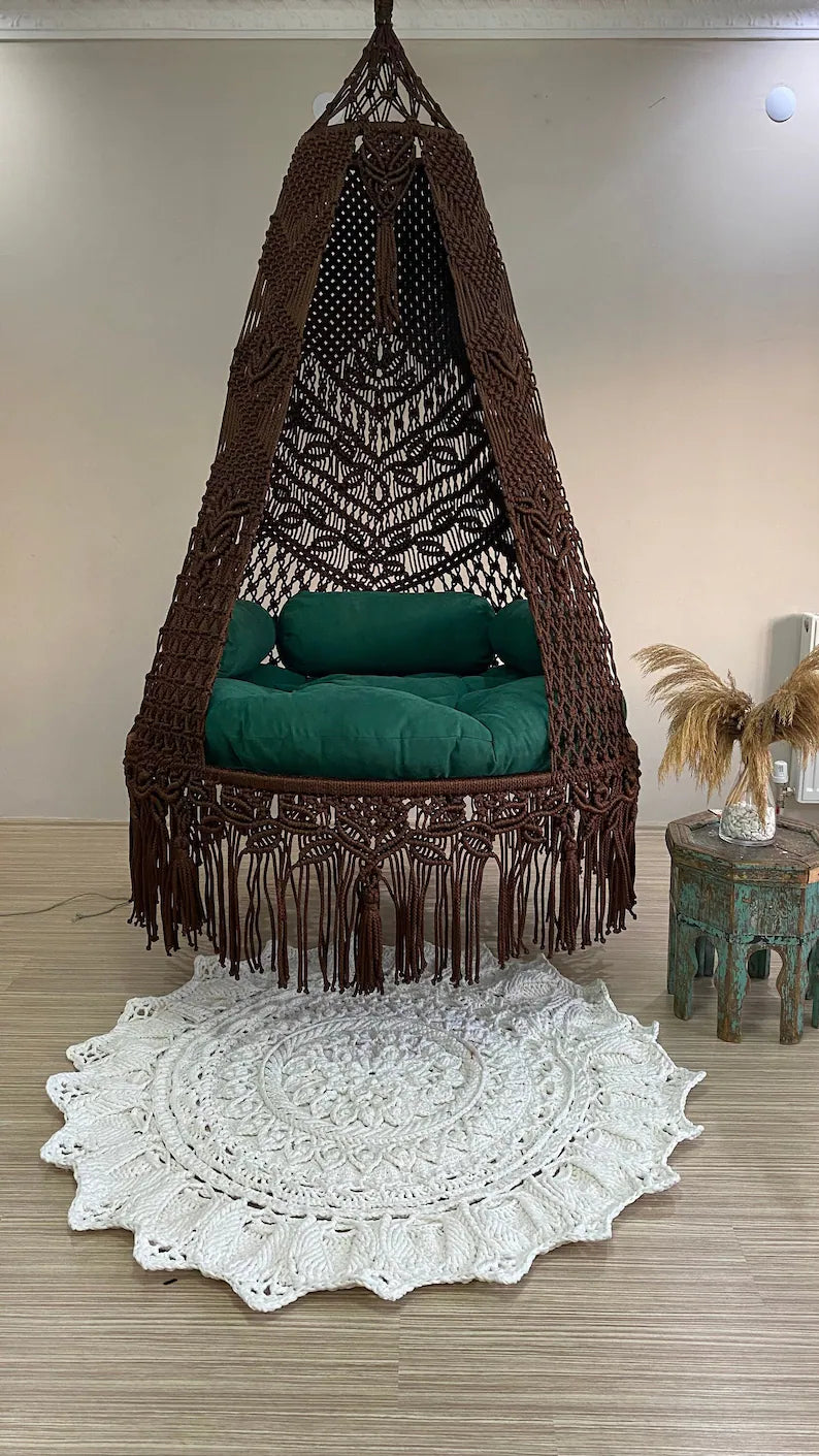 Macrame Swing With Cushions in Dark Brown 35 inches - Leechoo